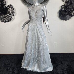 NWT~$340~SPLASH~SZ 6~SILVER GRAY RHINESTONE EMBROIDERED MAXI GLITTER PROM DRESS